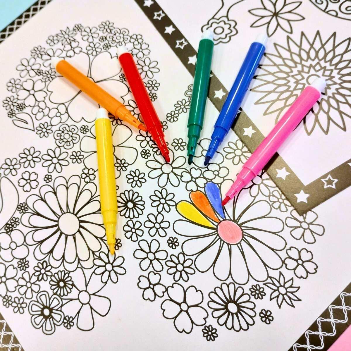 Hojas A4 c/diseño y marcadores para pintar x 2 hojas 