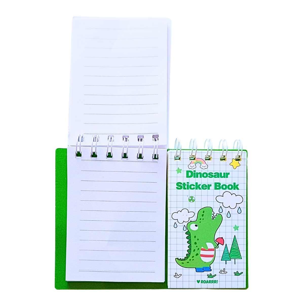 Libreta + sticrkers Dino - 60 hojas rayadas - 8 stickers - 12 lisas color
