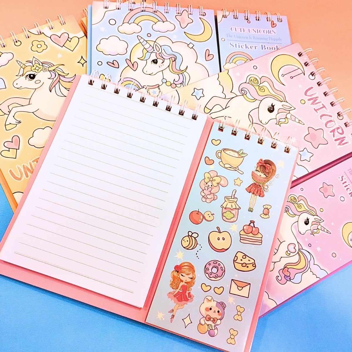 Libreta 60 hojas raya + 16 planchas sticker Unicornio 
