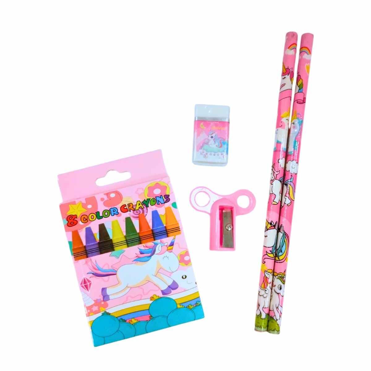 Set Escolar Unicornio lapices color + sacapunta + goma + lapiz x2