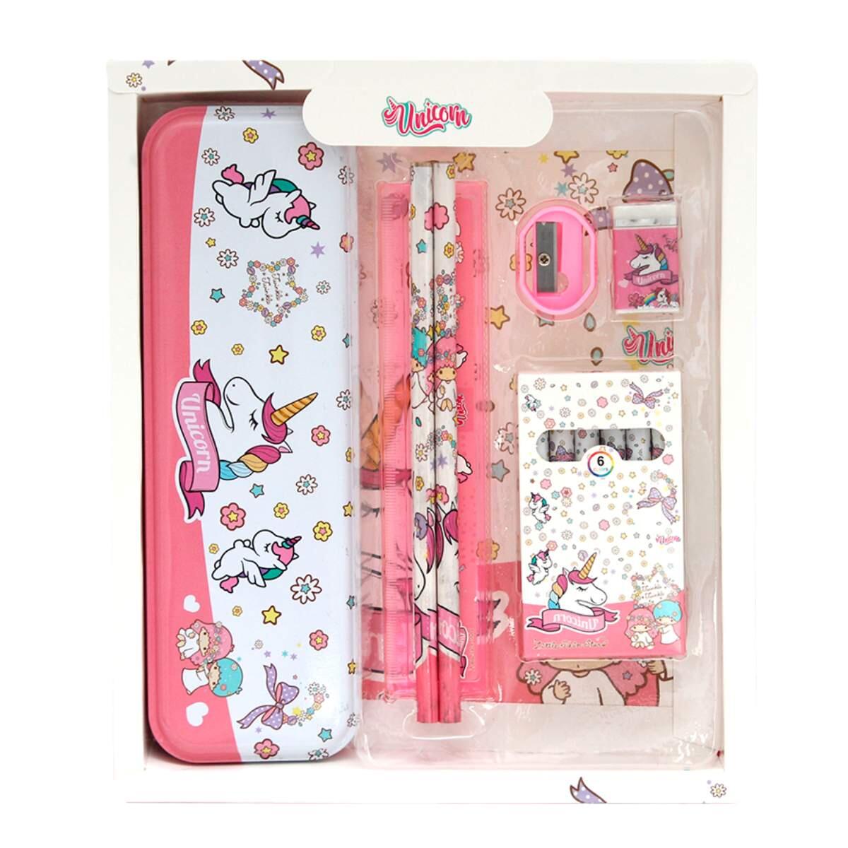 Set Escolar Unicornio c/cartuchera metal + regla + sacp + goma + 2 lapices + 6 lap colores en caja