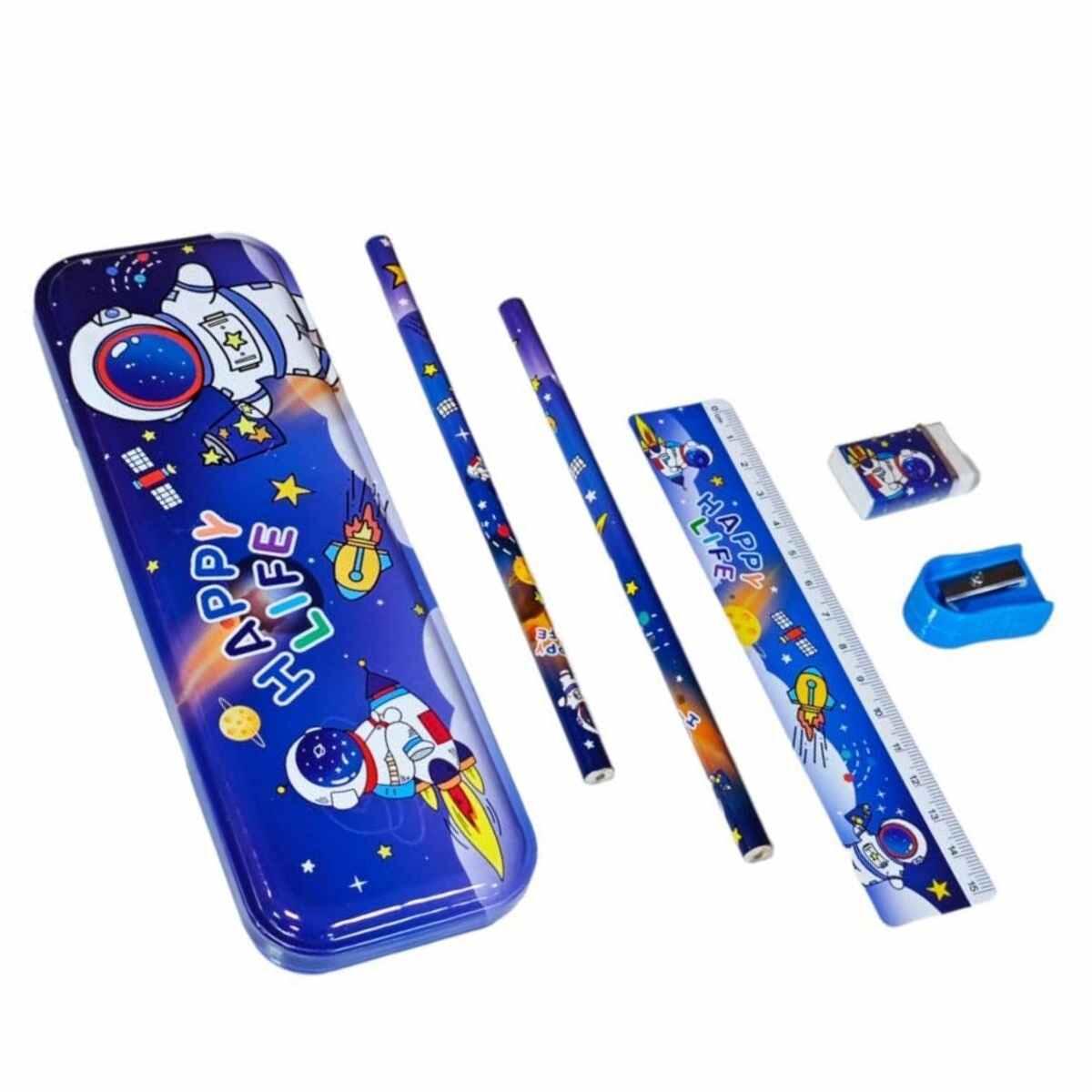 Set Escolar Astronauta c/cartuchera metal + goma + sacp + regla + 2 lapices negros en blister