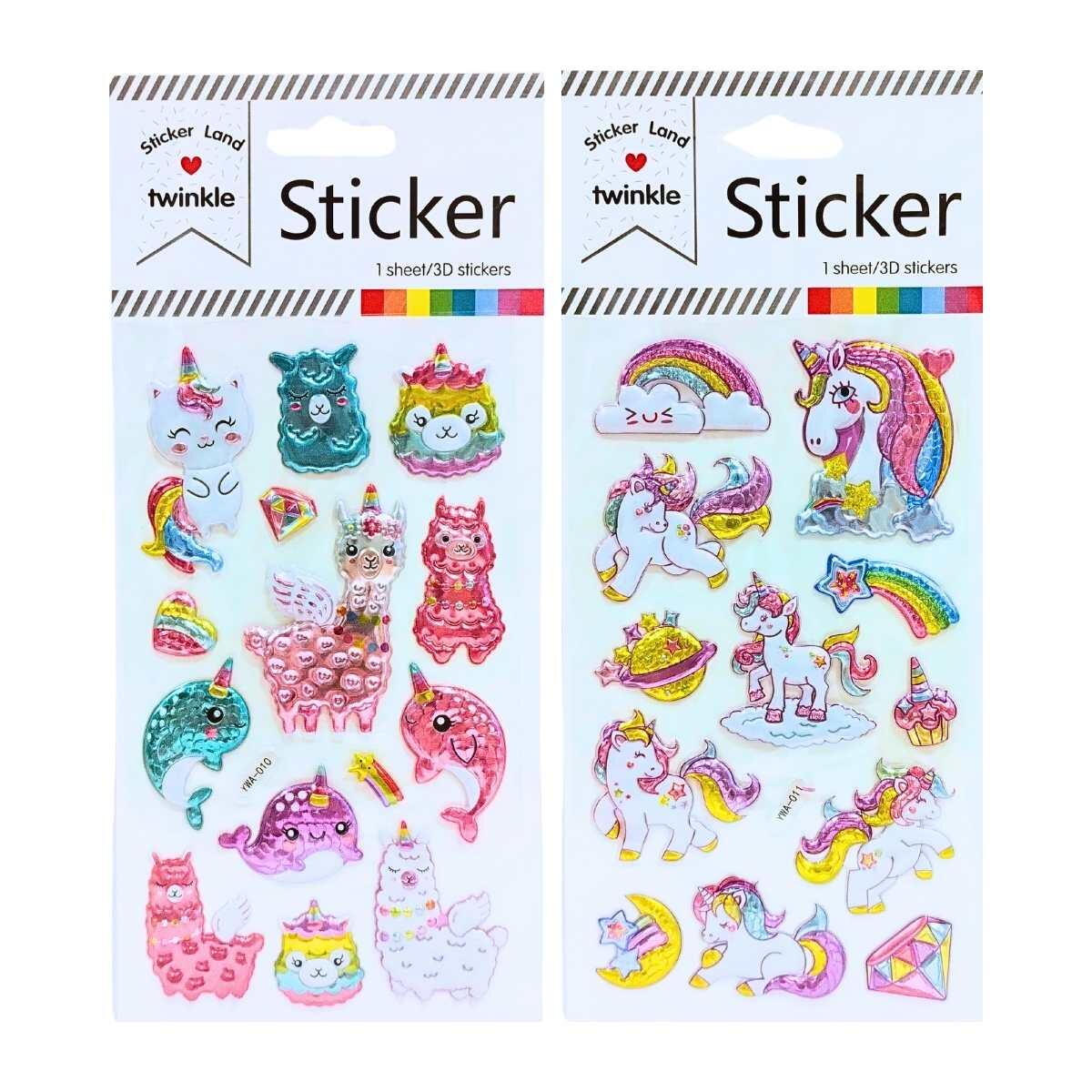 Sticker 3D Unicornio/Llamas/Corazones