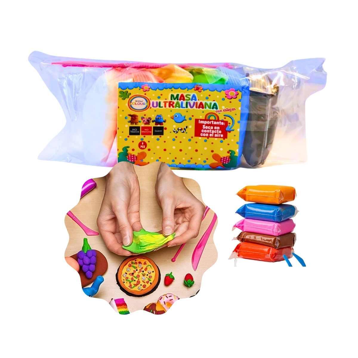 Masa en paquete x 6 colores c/esteca plastica