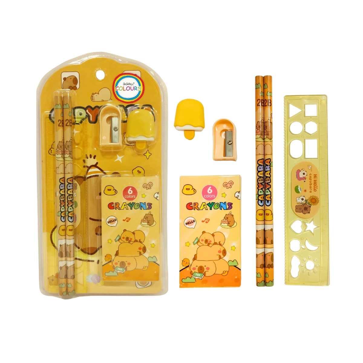 Set escolar Capybara en blister - 2 lapices + regla + sacapuntas + goma + crayones x 6 colores
