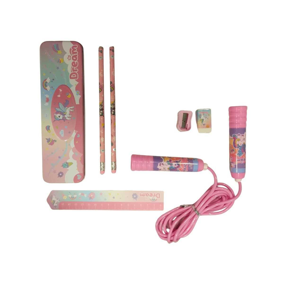 Set Escolar c/cartuchera de metal + 2 lapices + goma+ sacapuntas + regla + soga de saltar en caja