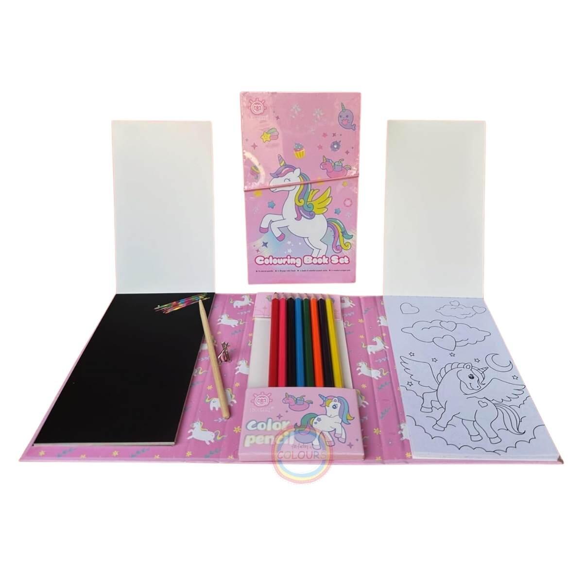 Set para colorear c/10 hojas papel magico, 30 hojas c/diseños y 8 lapices de colores c/elastcio