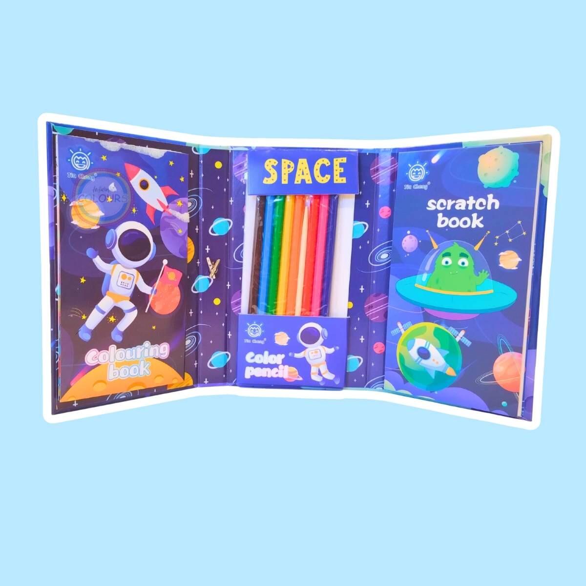 Set para colorear c/10 hojas papel magico, 30 hojas c/diseños y 8 lapices de colores c/elastcio