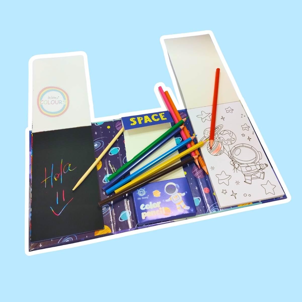 Set para colorear c/10 hojas papel magico, 30 hojas c/diseños y 8 lapices de colores c/elastcio