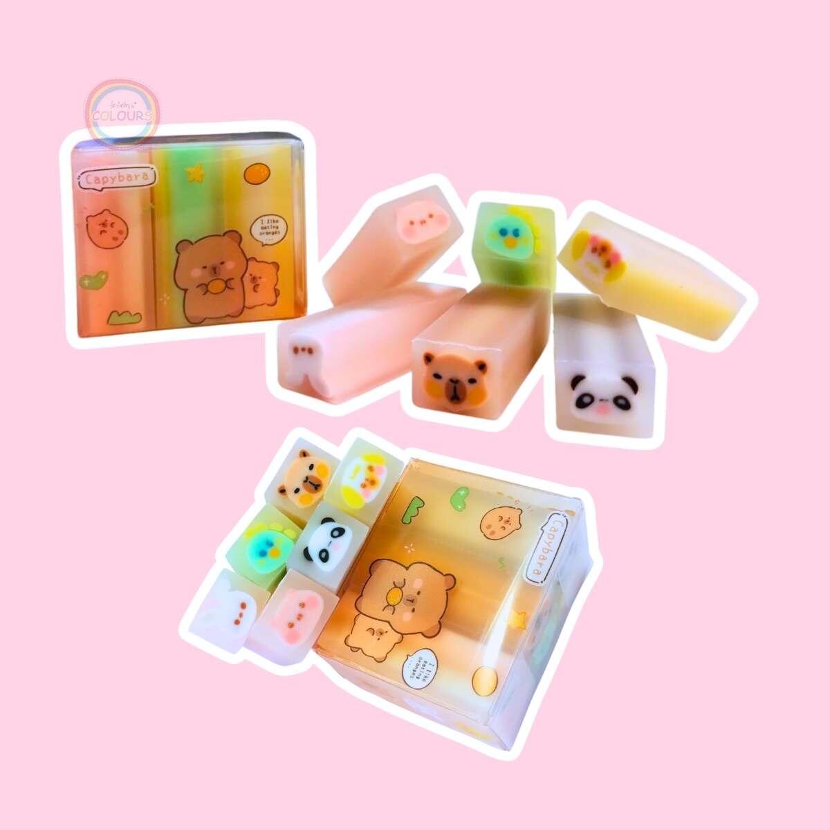 Set x 6 gomas largas Animalitos en caja pvc
