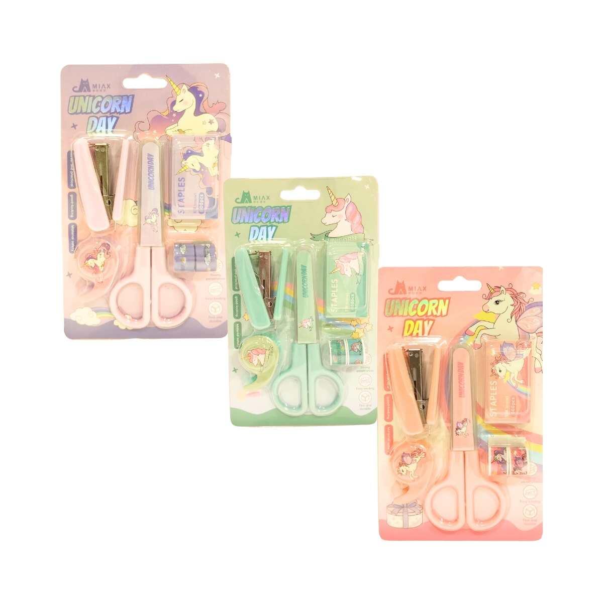 Set escolar Unicornio c/abrochadora,tijera,cinta y goma