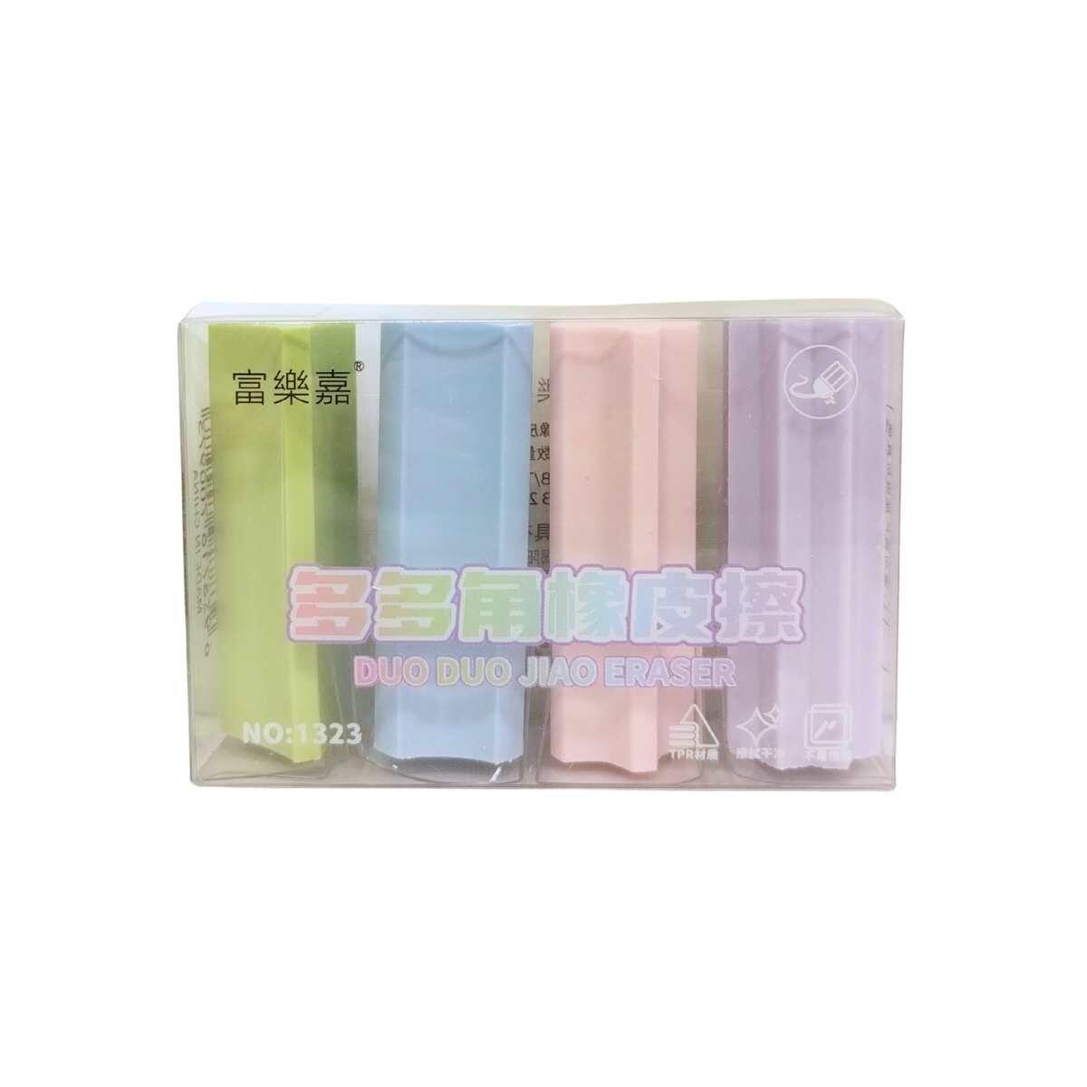 Goma larga formas color pastel x 4 en caja pvc