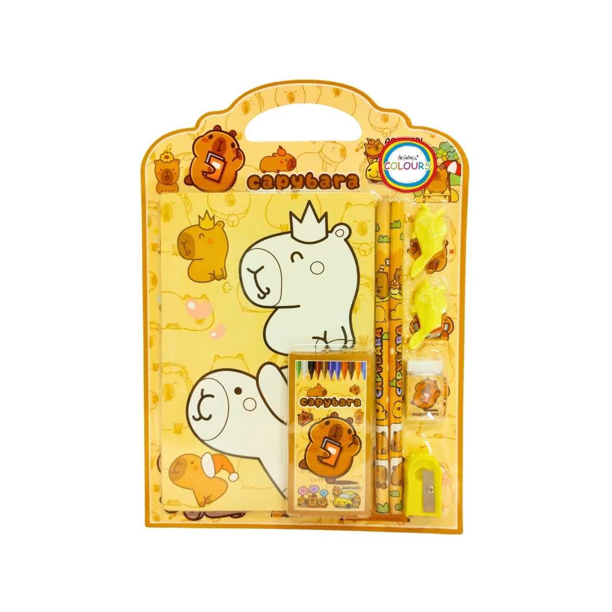 Set escolar Capybara 4 hojas para colorear + crayones + 2 lapices + goma + sacapuntas