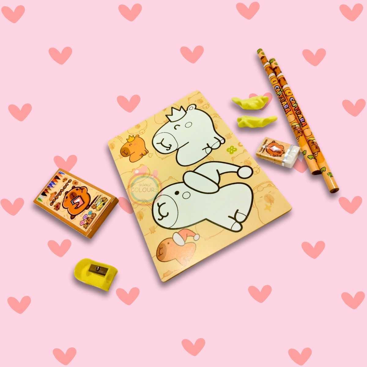 Set escolar Capybara 4 hojas para colorear + crayones + 2 lapices + goma + sacapuntas
