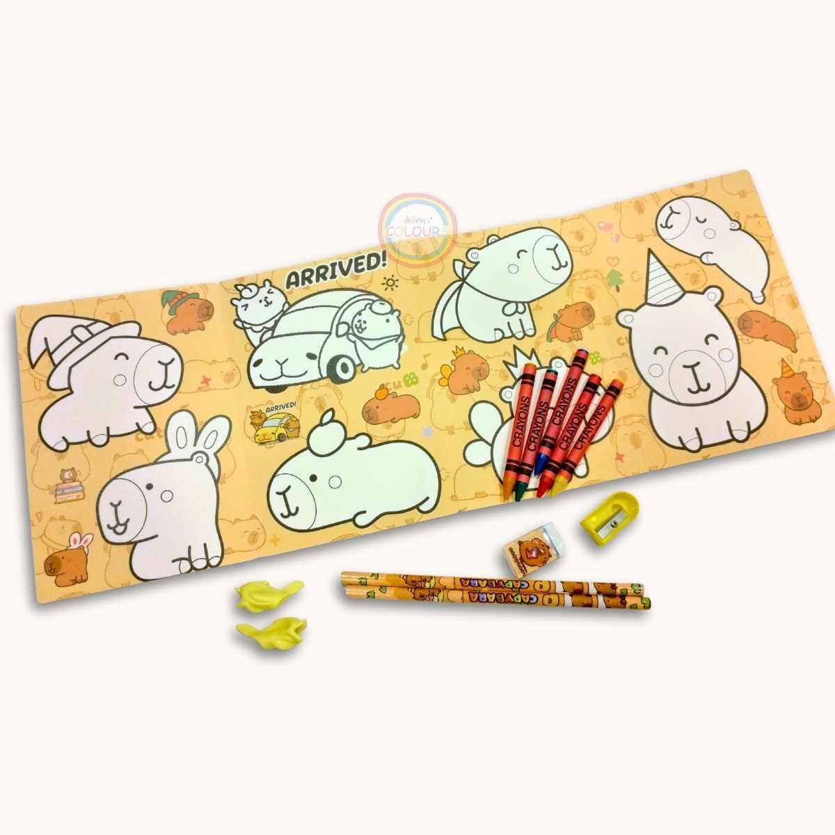 Set escolar Capybara 4 hojas para colorear + crayones + 2 lapices + goma + sacapuntas