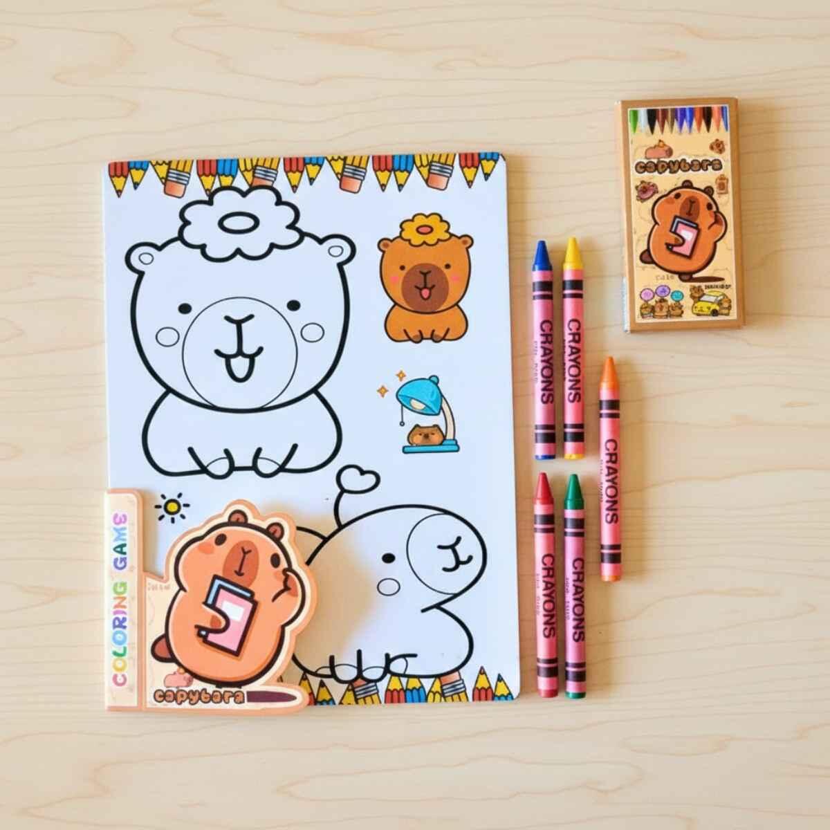 Set escolar Capybara 12 hojas para colorear + 6 crayones 