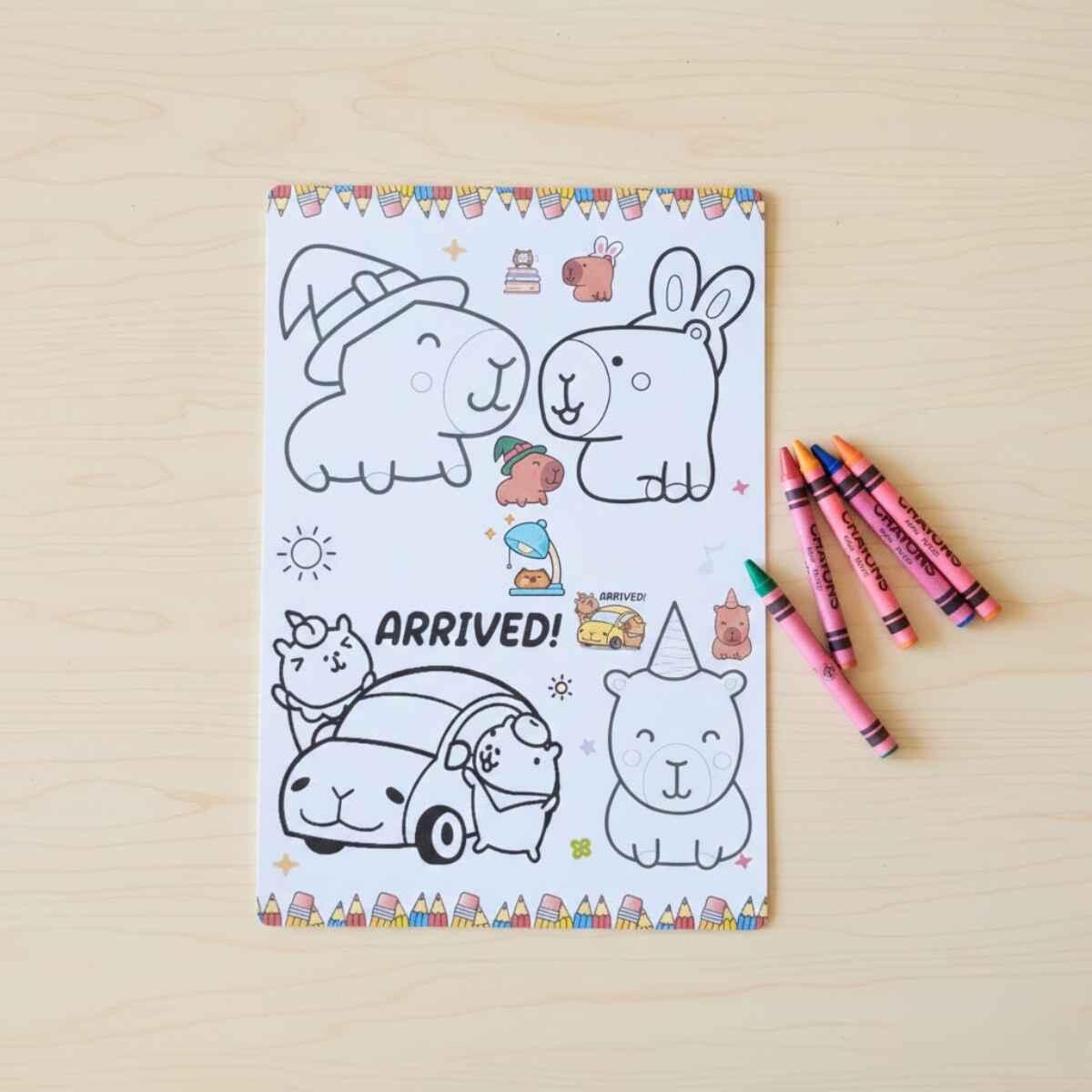 Set escolar Capybara 12 hojas para colorear + 6 crayones 