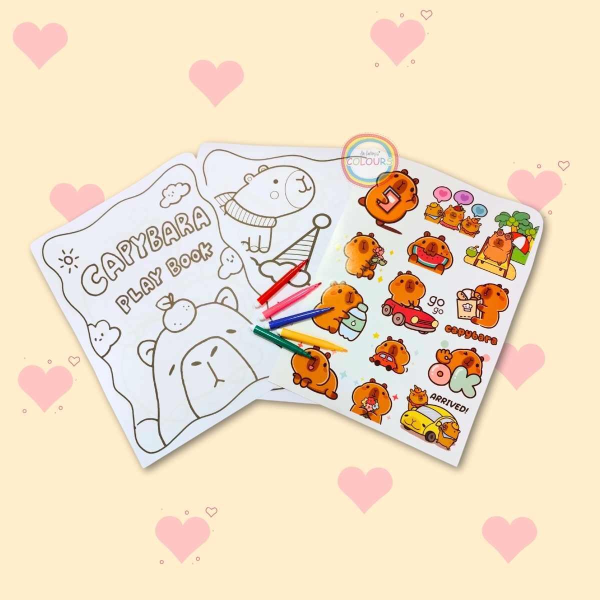 Set escolar Capybara 8 paginas para colorear + marcador x 5 colores + 1 página de stickers