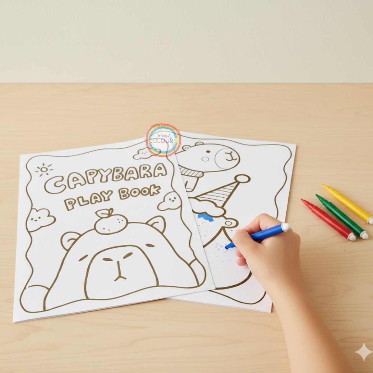 Set escolar Capybara 8 paginas para colorear + marcador x 5 colores + 1 página de stickers