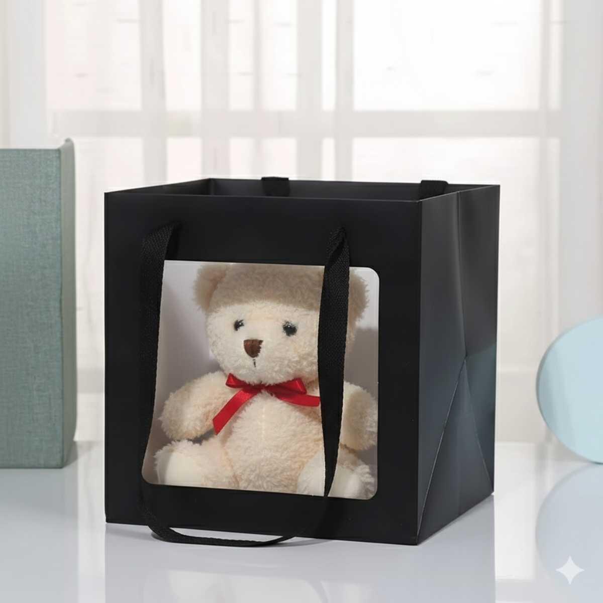 Bolsa de regalo Negra c/ventana y manija cordon 15x15x15
