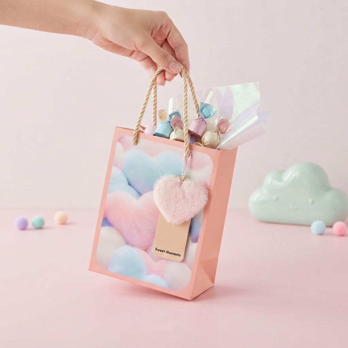 Bolsa de regalo Corazones pastel c/colgante 19x14,5x9,5cm