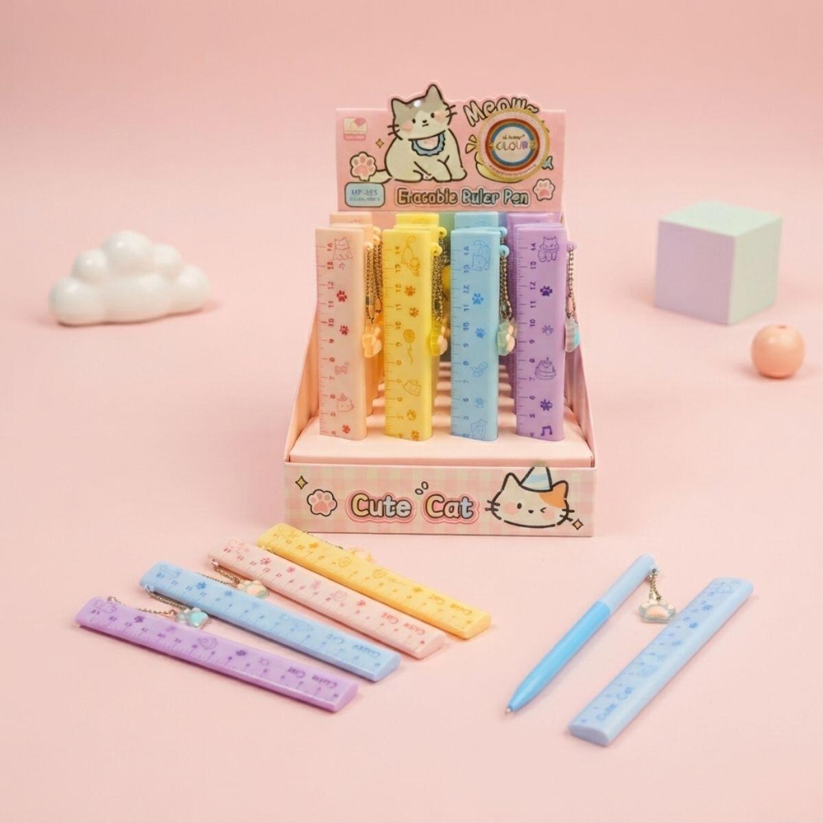 Boligrafo Gatitos borrable c/regla 14 cm - 2 en 1