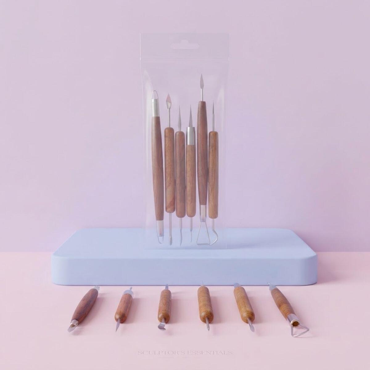 Set de estecas y herramientas para manualidades Doble punta metálicas c/mango de madera  x 6 unidades