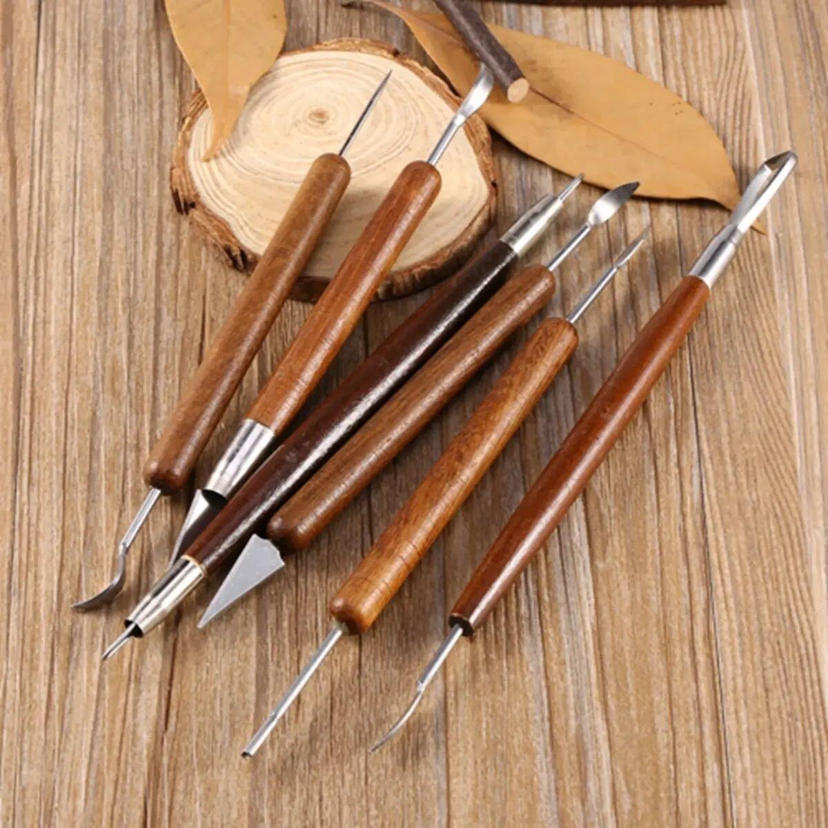 Set de estecas y herramientas para manualidades Doble punta metálicas c/mango de madera  x 6 unidades