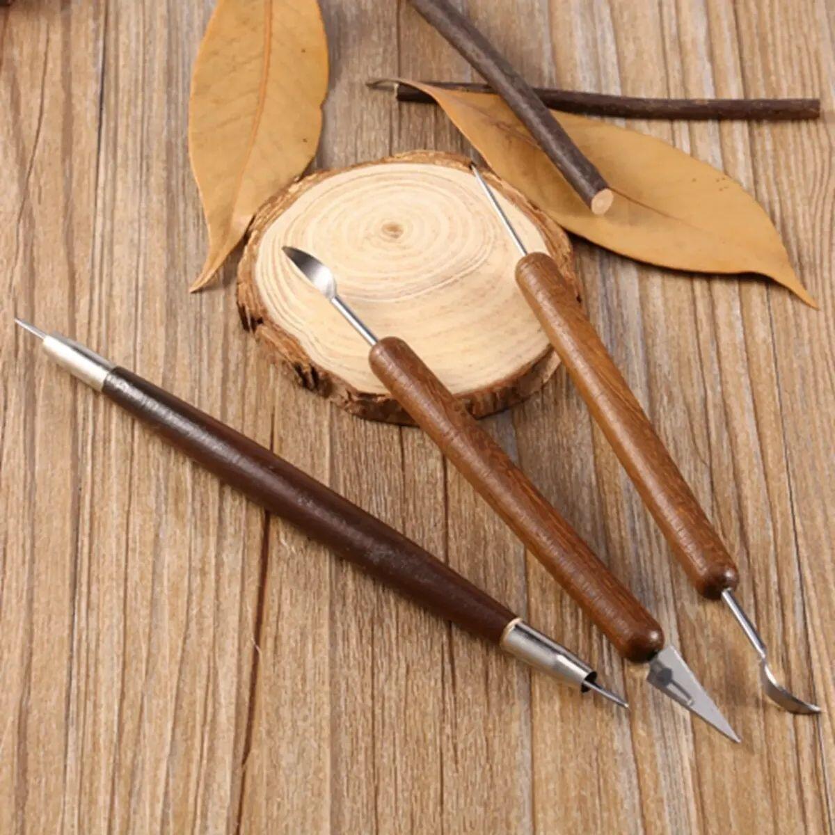 Set de estecas y herramientas para manualidades Doble punta metálicas c/mango de madera  x 6 unidades