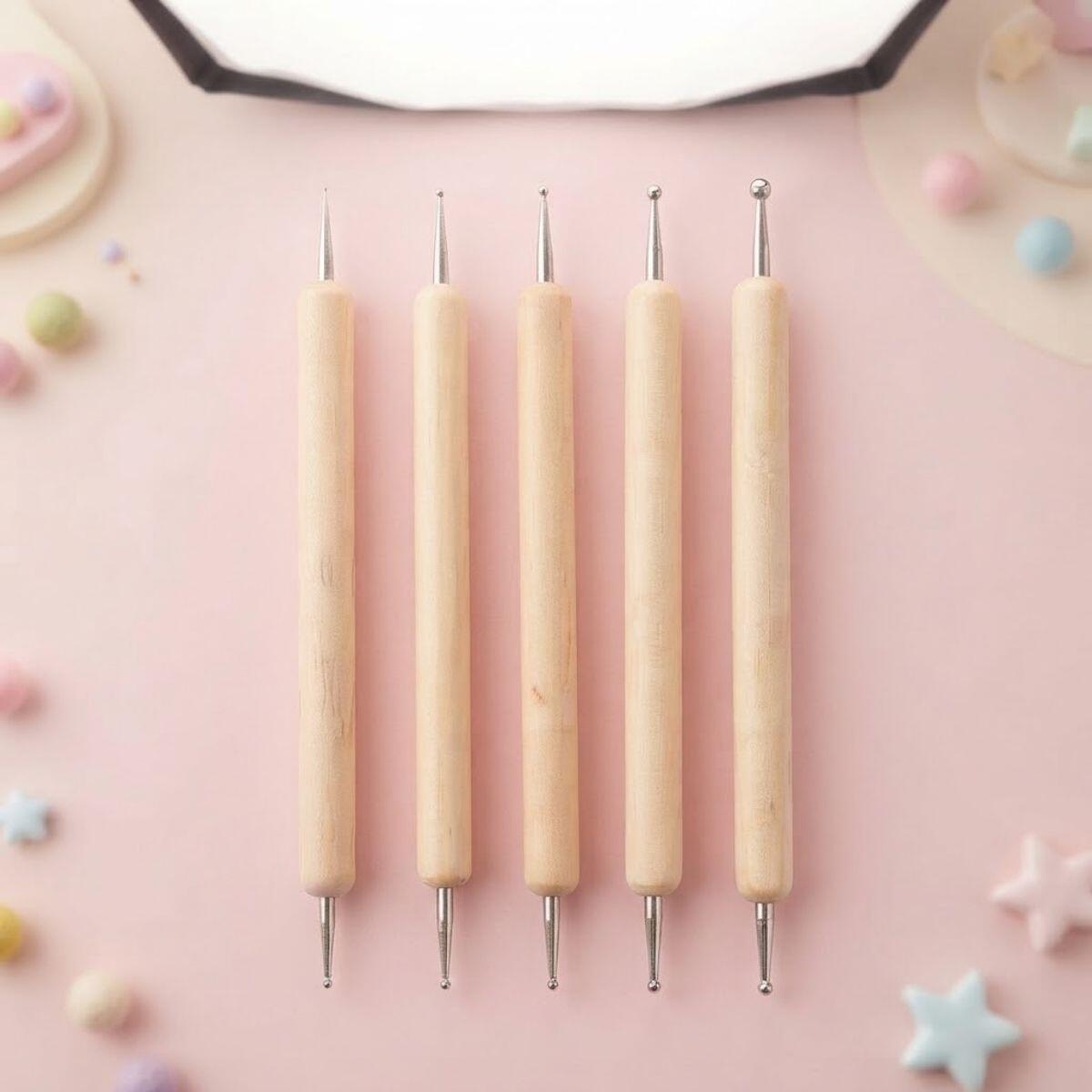 Set Punzones para manualidades de doble punta c/ esferas y mango de madera x 5 unidades