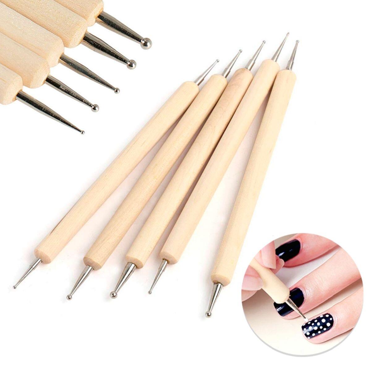 Set Punzones para manualidades de doble punta c/ esferas y mango de madera x 5 unidades