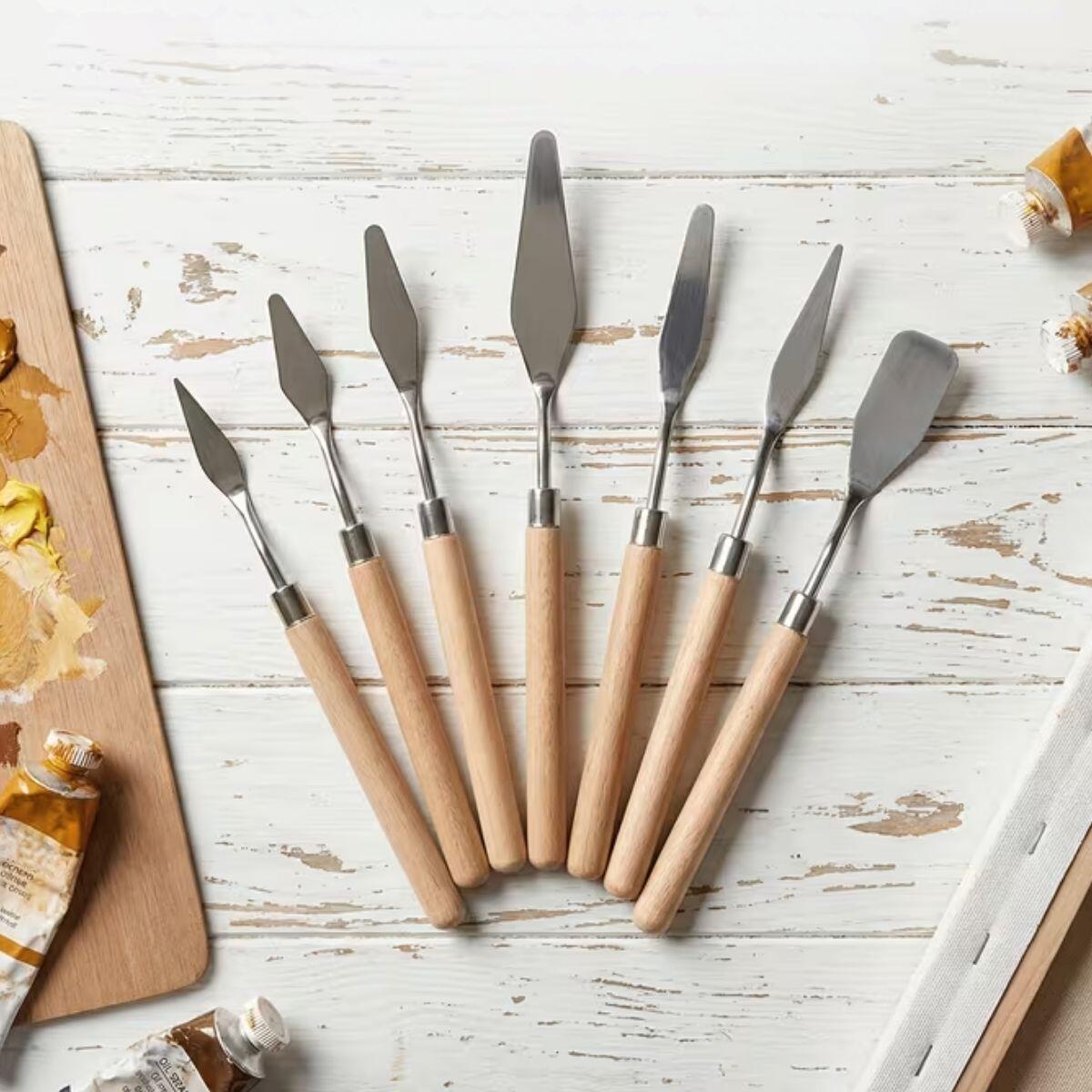 Set espatulas metalicas con mango de madera para pintura artística x 6 unidades
