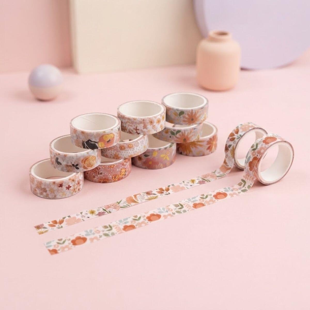 Cinta Washi Serie Floral x 12 rollitos en caja - 2 m