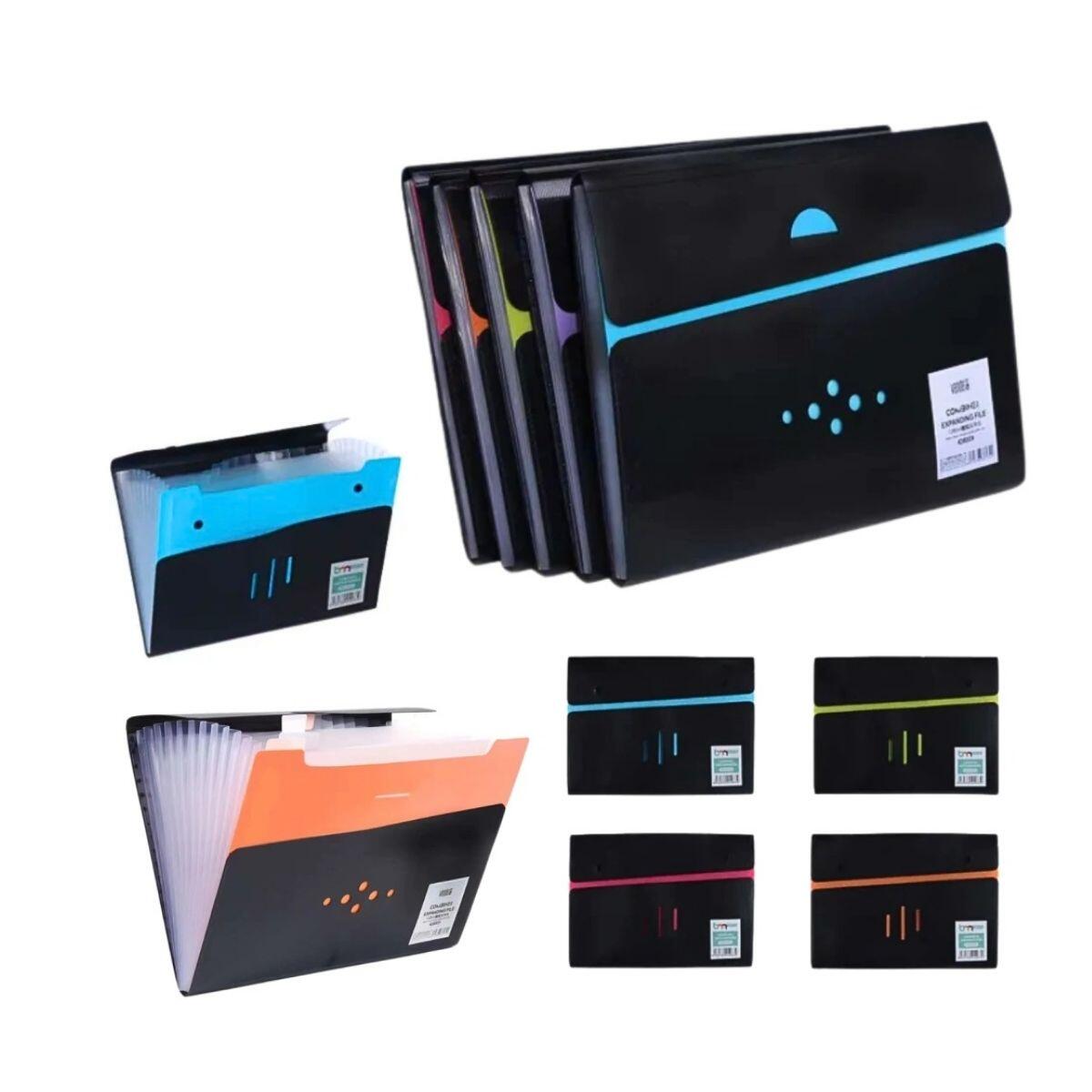 Carpeta Organizadora Acordeon A4 c/ solapa negro y colores - 12 divisiones