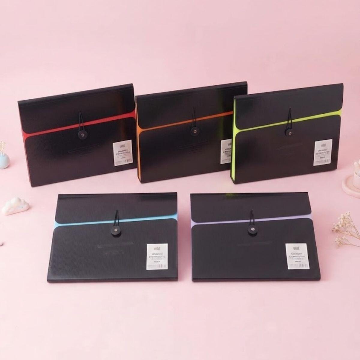 Carpeta Organizadora Acordeon A4 c/ botón y elastico negro y colores - 12 divisiones