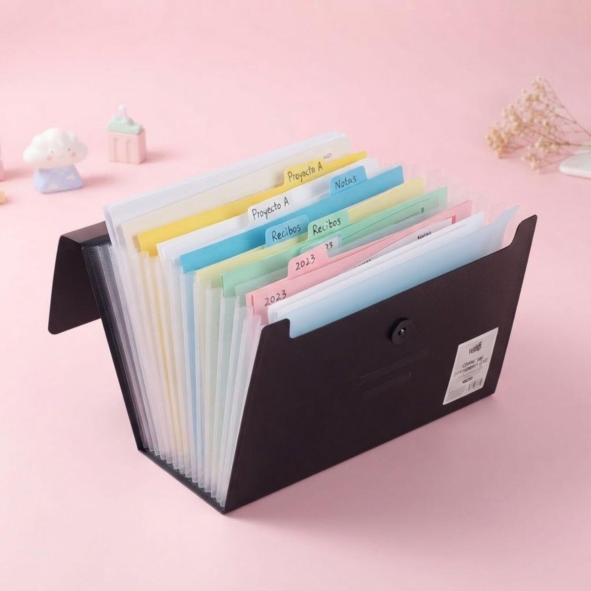 Carpeta Organizadora Acordeon A4 c/ botón y elastico negro y colores - 12 divisiones
